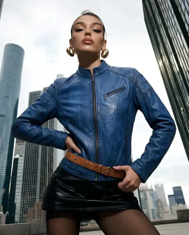 Woman wearing a fitted blue leather jacket