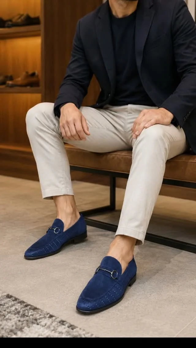Blue leather loafers styled with tailored trousers
